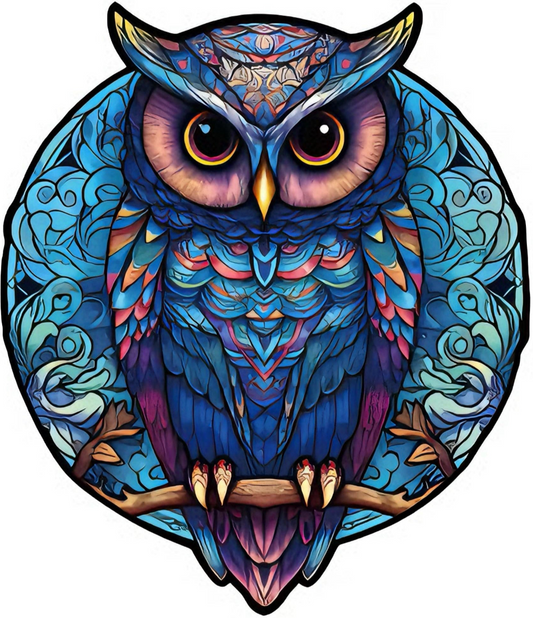 Colorful owl illustration with intricate patterns on a white background