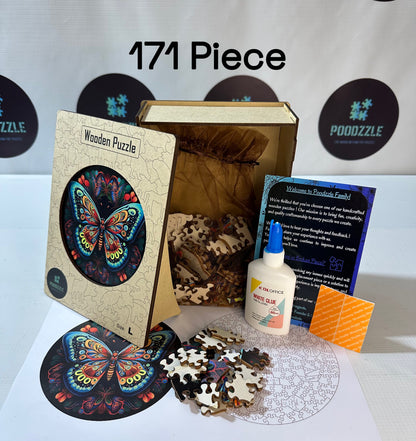 Wooden puzzle set with butterfly design, glue, and packaging on a white surface.