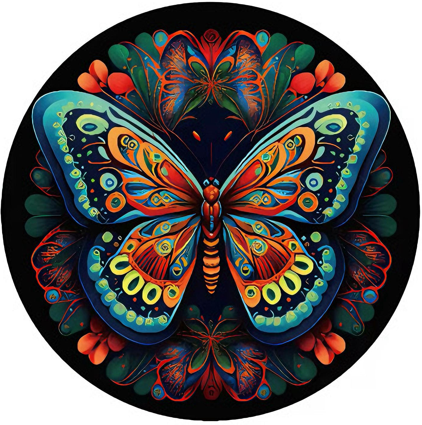 A colorful 3D wooden puzzle depicting a mandala with a butterfly design at the center.