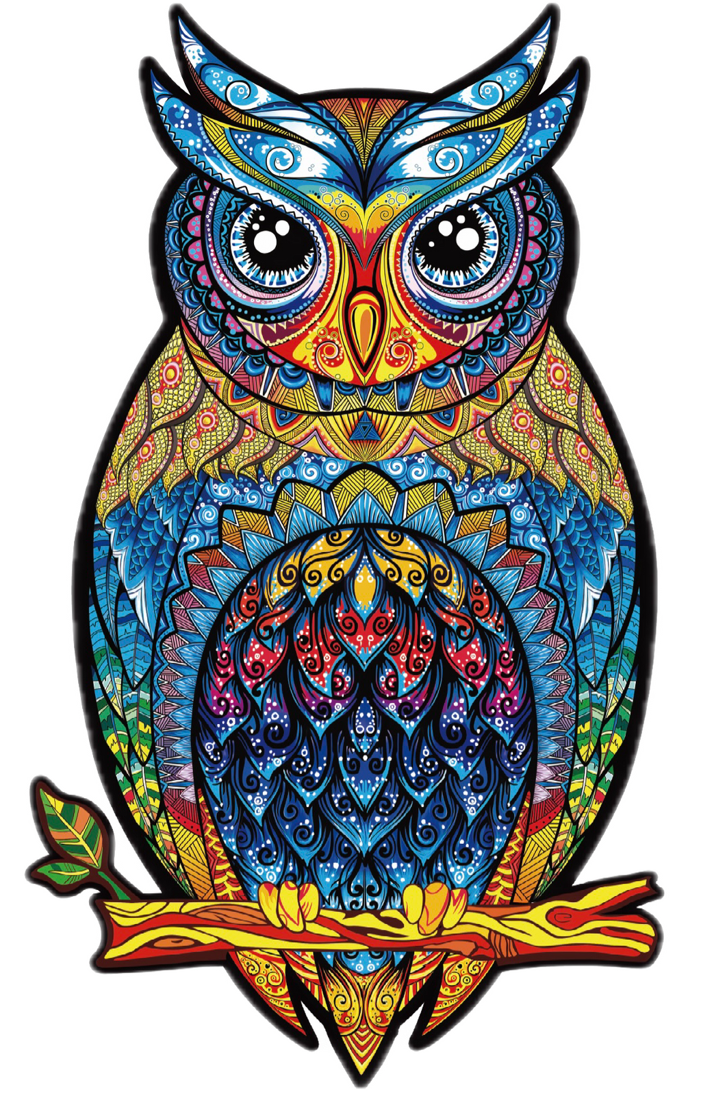 Colorful owl illustration with intricate patterns on a white background