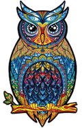 Colorful owl illustration with intricate patterns on a white background