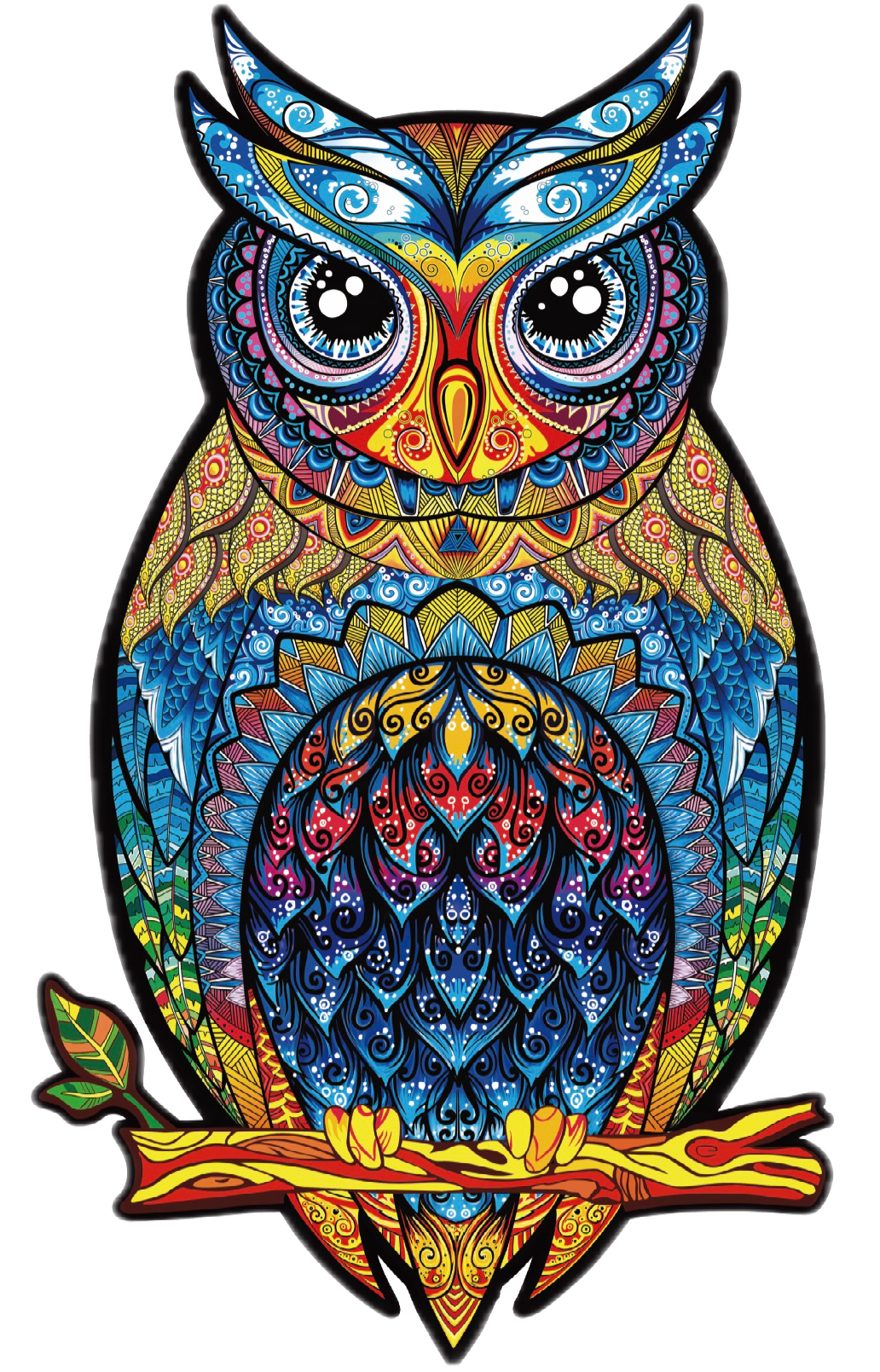 Colorful owl illustration with intricate patterns on a white background