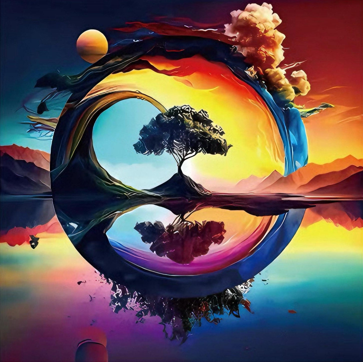 A 3D wooden puzzle depicting a surreal landscape with a lone tree centered within a cosmic ring, with elements of nature like water and sky represented in vibrant colors.