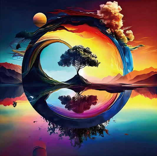 A 3D wooden puzzle depicting a surreal landscape with a lone tree centered within a cosmic ring, with elements of nature like water and sky represented in vibrant colors.