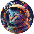 Colorful illustration of a cat in an astronaut helmet with space-themed background