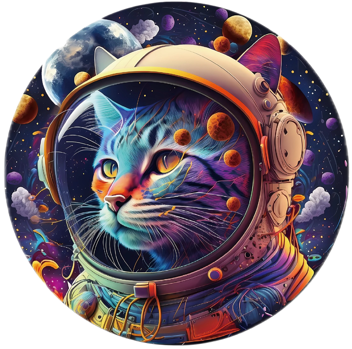 Colorful illustration of a cat in an astronaut helmet with space-themed background