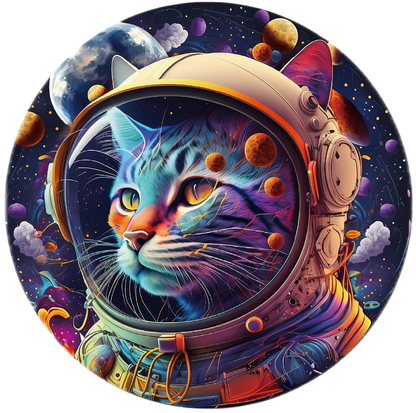 Colorful illustration of a cat in an astronaut helmet with space-themed background