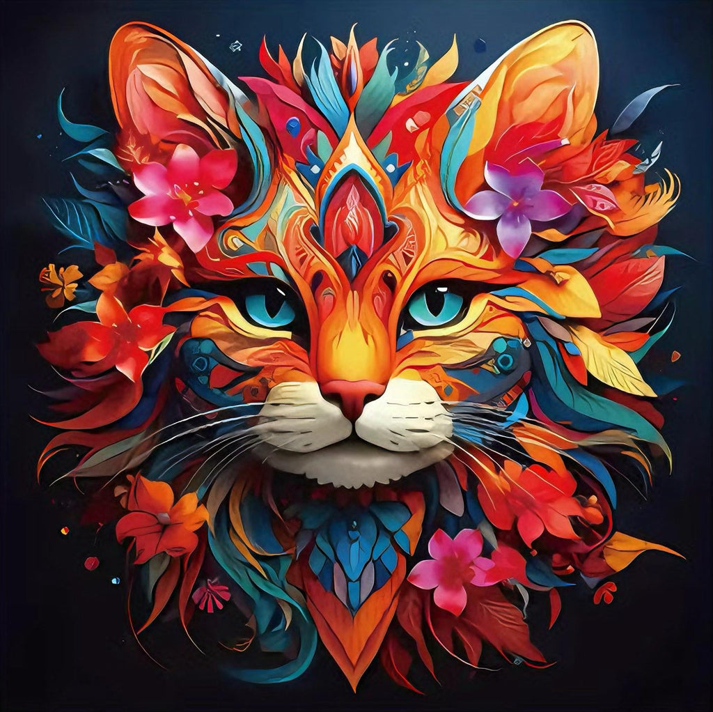 A colorful artistic representation of a cat with floral and abstract patterns.