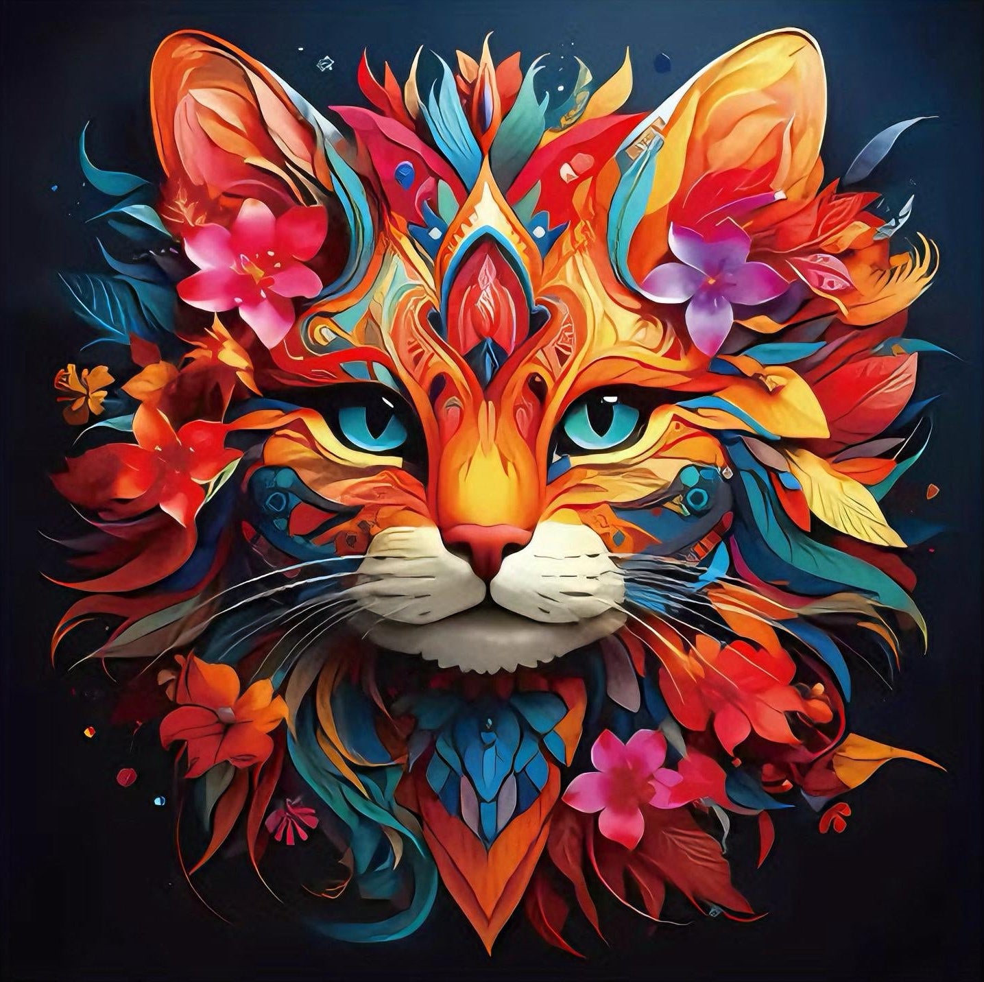 A colorful artistic representation of a cat with floral and abstract patterns.