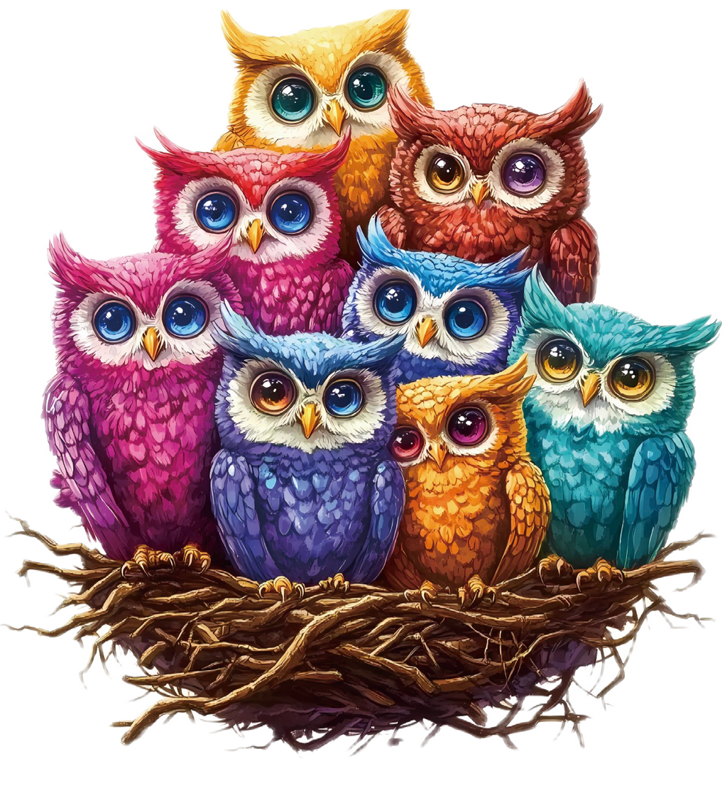Colorful owls in a nest on a white background