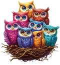 Colorful owls in a nest on a white background