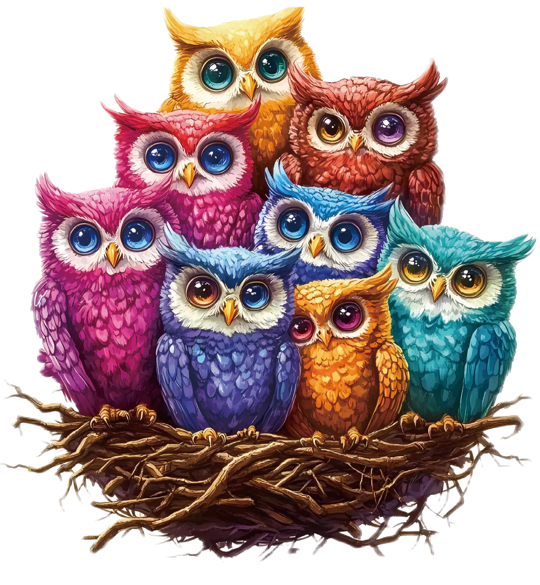 Colorful owls in a nest on a white background