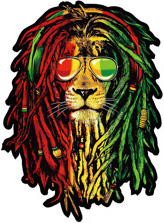 Lion with red, green, and yellow dreadlocks wearing sunglasses on a white background