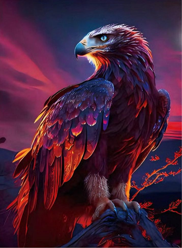 Colorful eagle against a dark, mystical sky