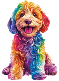 Colorful dog illustration with a rainbow pattern on a white background