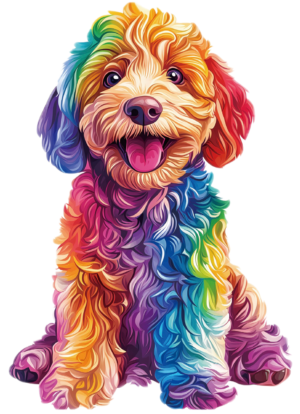 Colorful dog illustration with a rainbow pattern on a white background