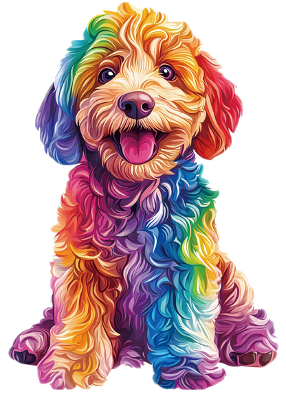Colorful dog illustration with a rainbow pattern on a white background