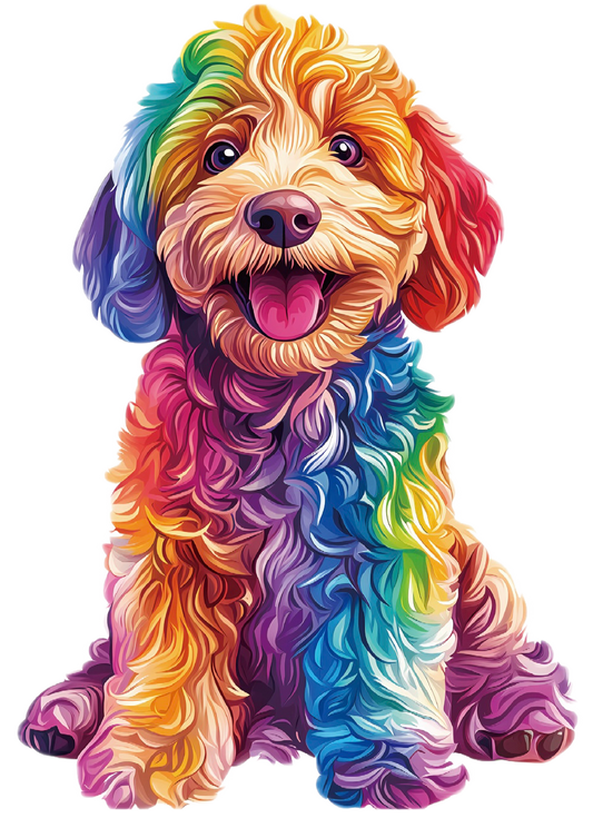 Colorful dog illustration with a rainbow pattern on a white background
