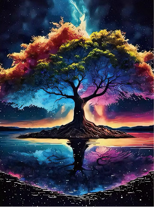 Colorful tree with a mystical sky and water reflection