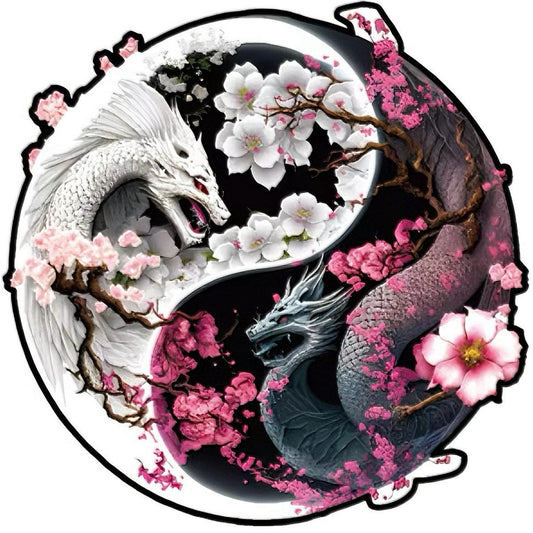 A 3D wooden puzzle depicting two dragons intertwined with blooming cherry blossoms in a yin yang arrangement.